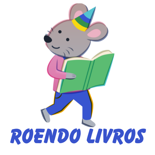 Logo do Site Roendo Livro - Rato segurando um livro e o texto roendo livros abaixo dele
